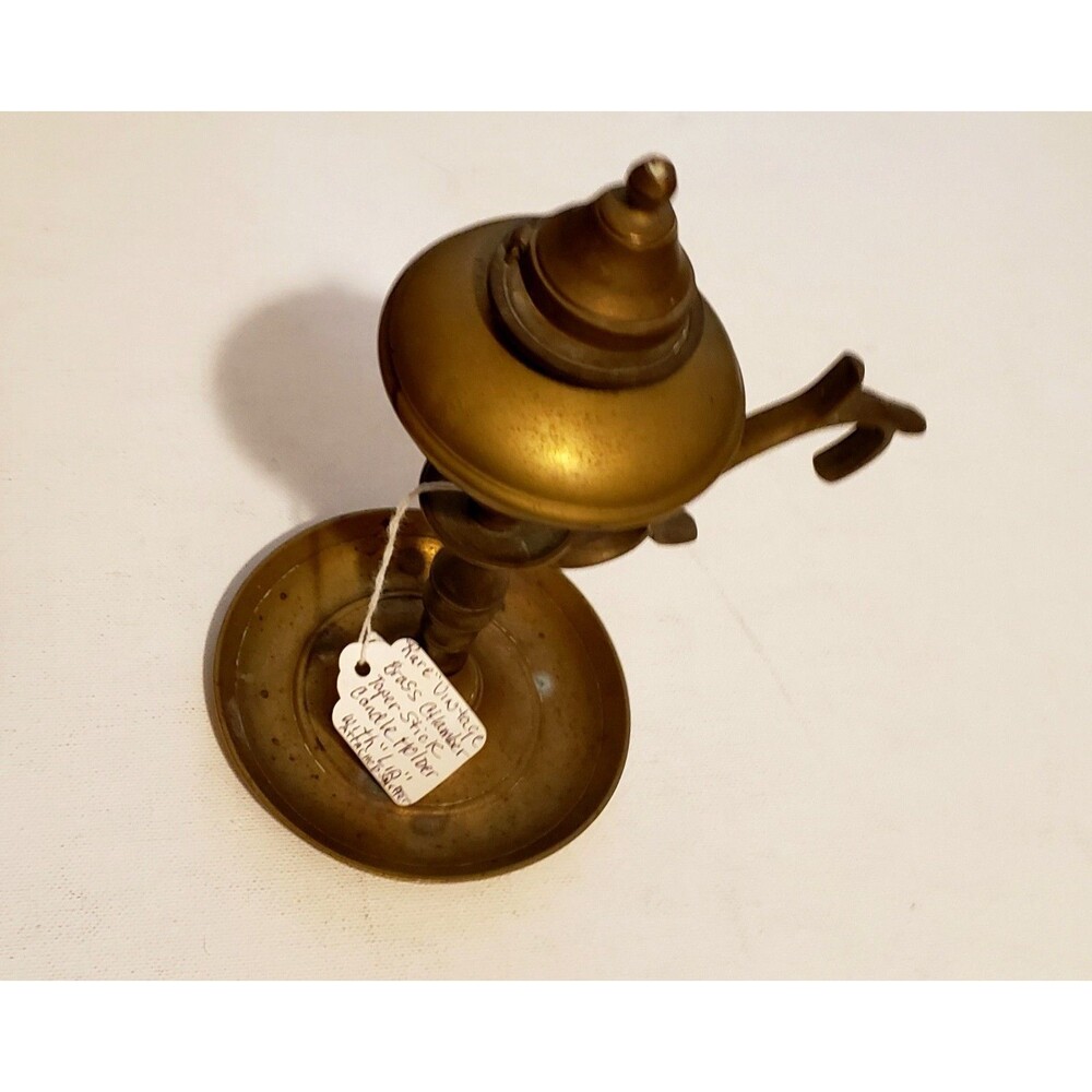 1930 Antique Brass Whale Oil Lamp Chamber Taper Stick Snuffer Lid USA 7.5 inches